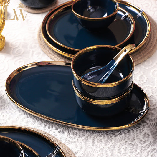 Ceramic Navy Blue Gold 35 Piece DInner Set