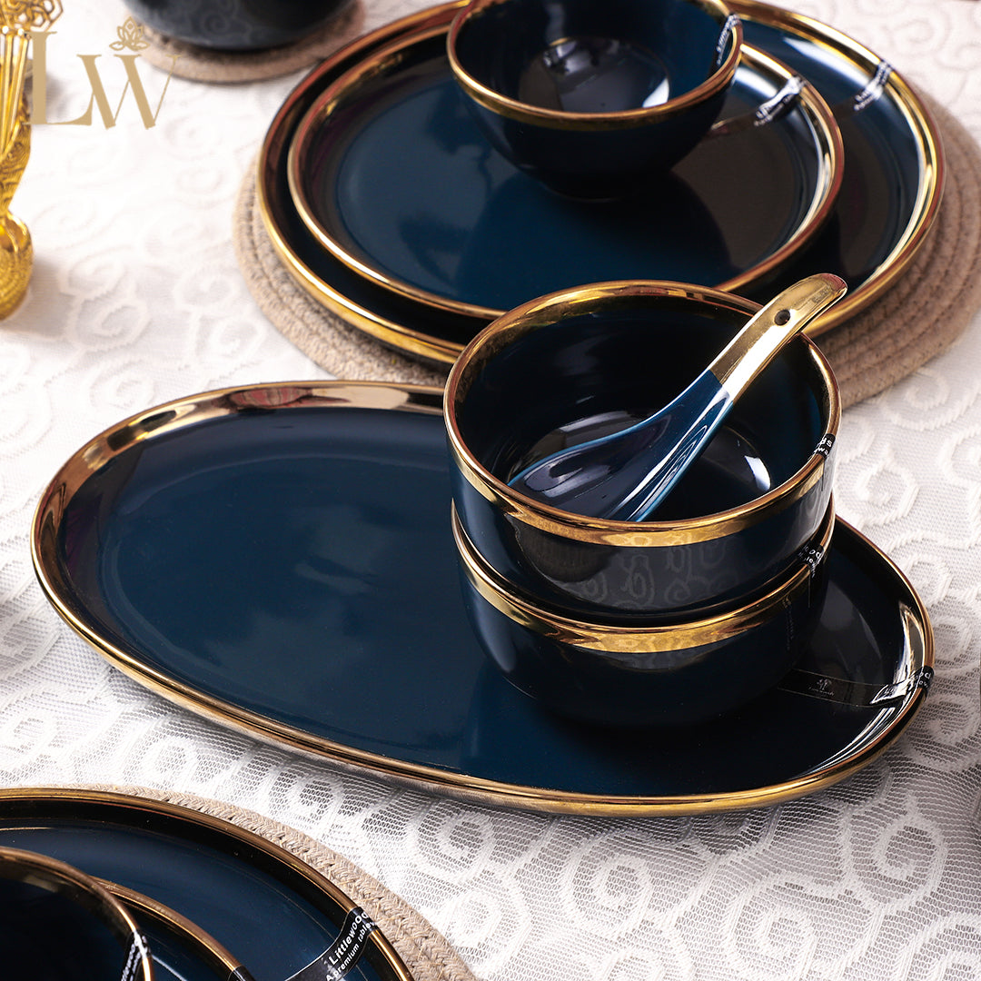 Ceramic Navy Blue Gold 35 Piece DInner Set