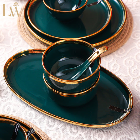 Ceramic Emerald Green Gold 35 Piece Dinner Set